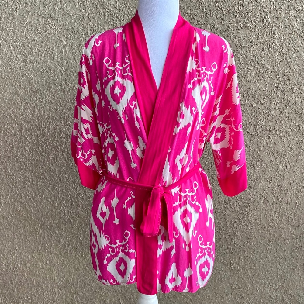 Pink Lightweight Kimono Robe, Ikat Print Kimono Robe Jacket Cover Up Sz S/M